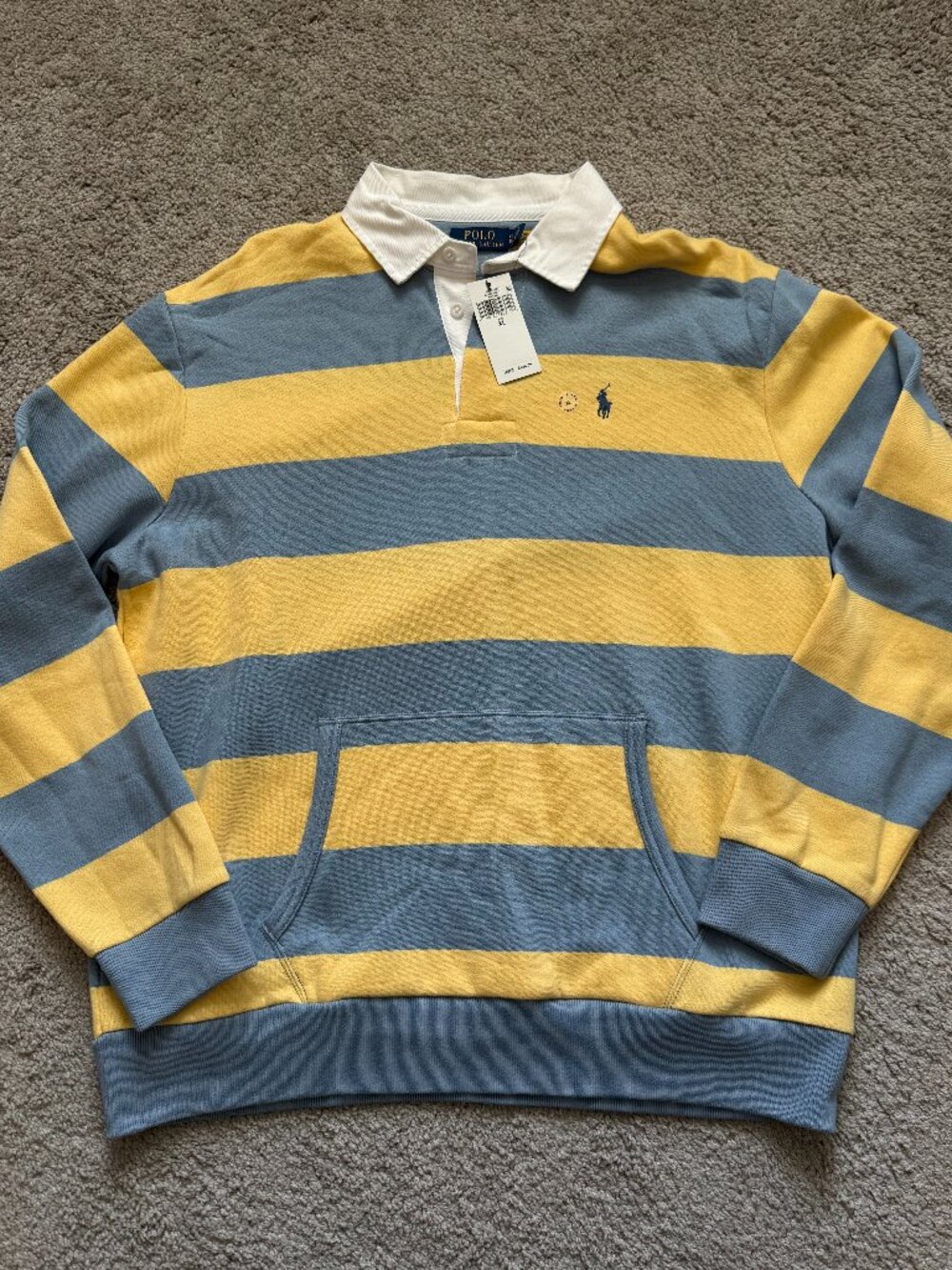NWT Polo Ralph Lauren Blue Yellow Striped Rugby Hoodie Sweatshirt XL 4369